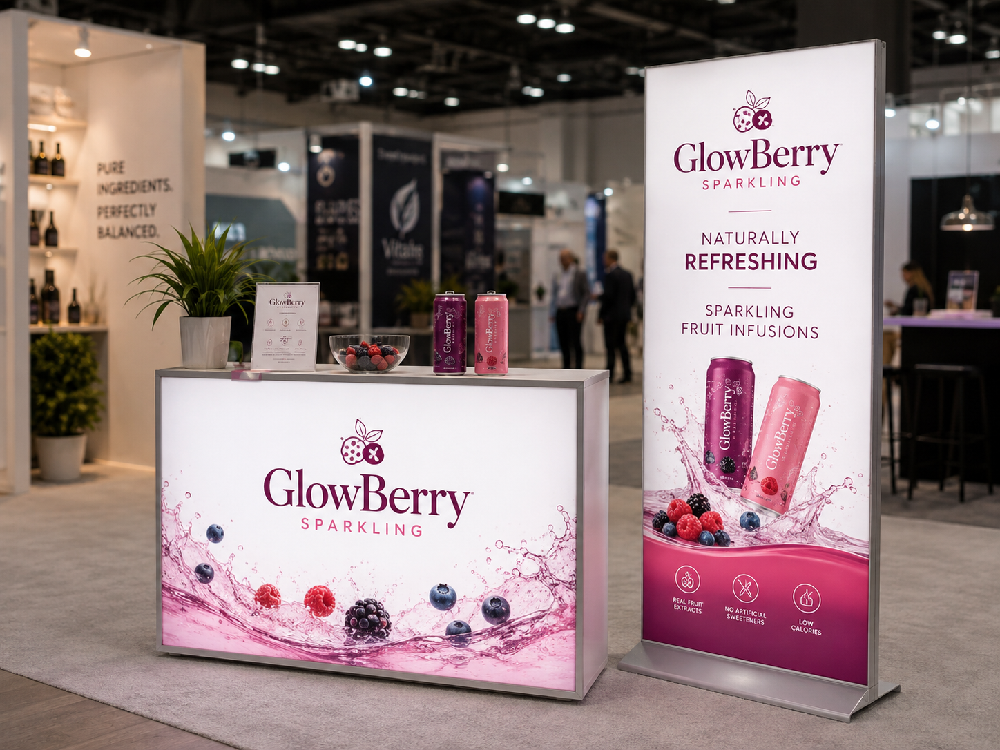 Backlit promotional counter with freestanding SEG banner stand