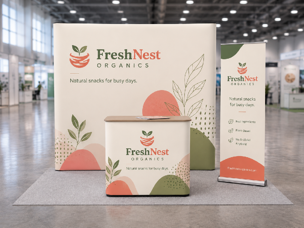 Compact promotional display with fabric backdrop counter and banner stand