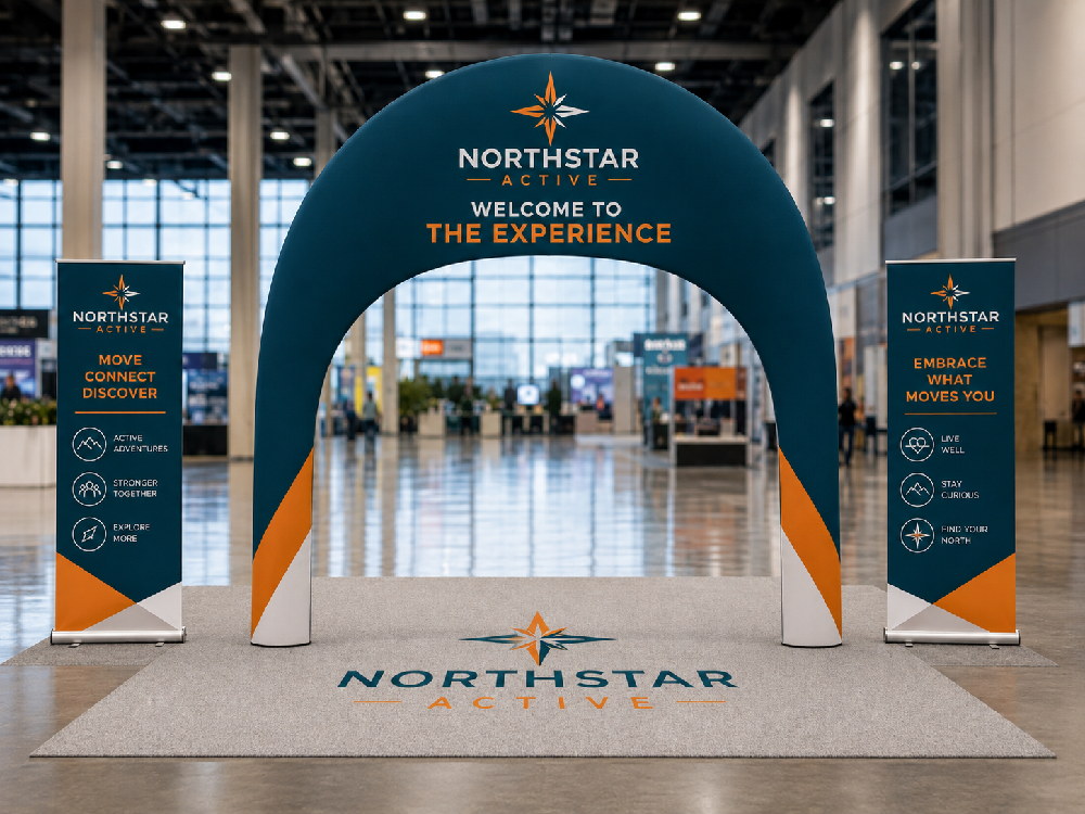 Branded event entrance with tension fabric display arch
