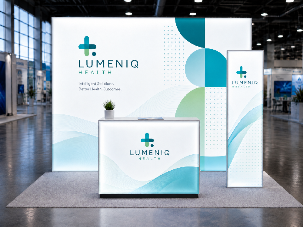 Illuminated trade show booth with backlit SEG display wall