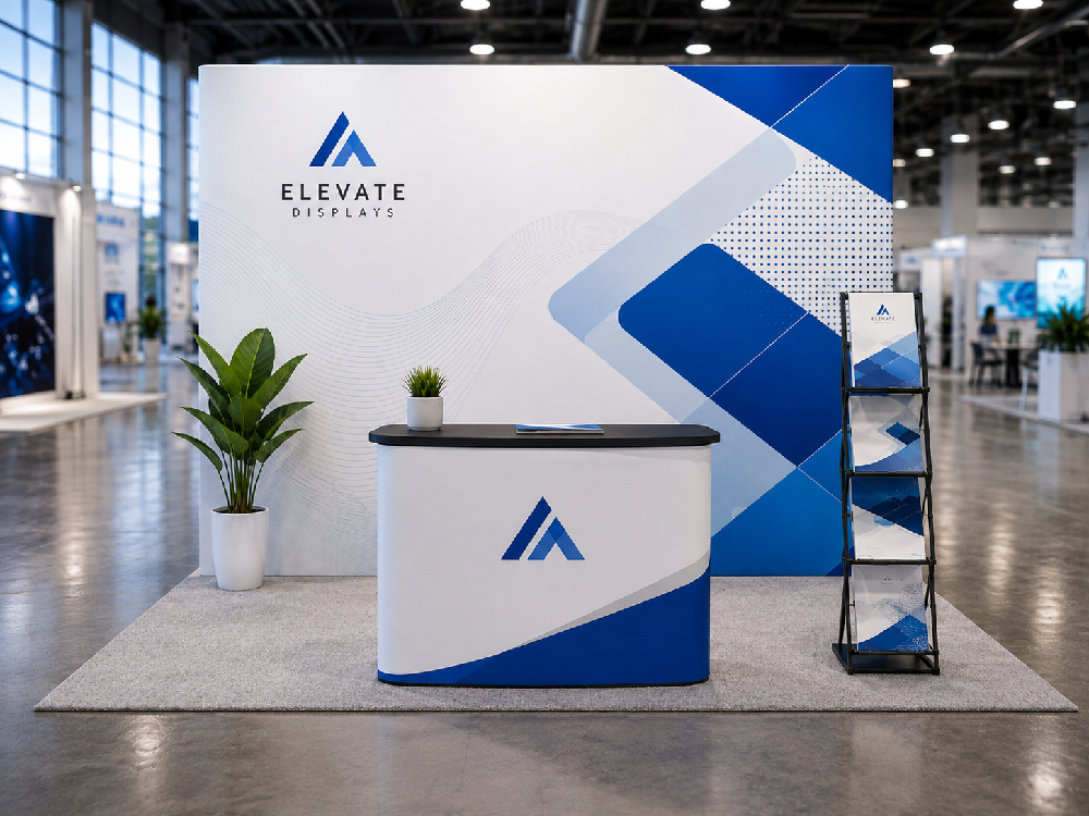 Modern 10 ft trade show booth with tension fabric backdrop and counter